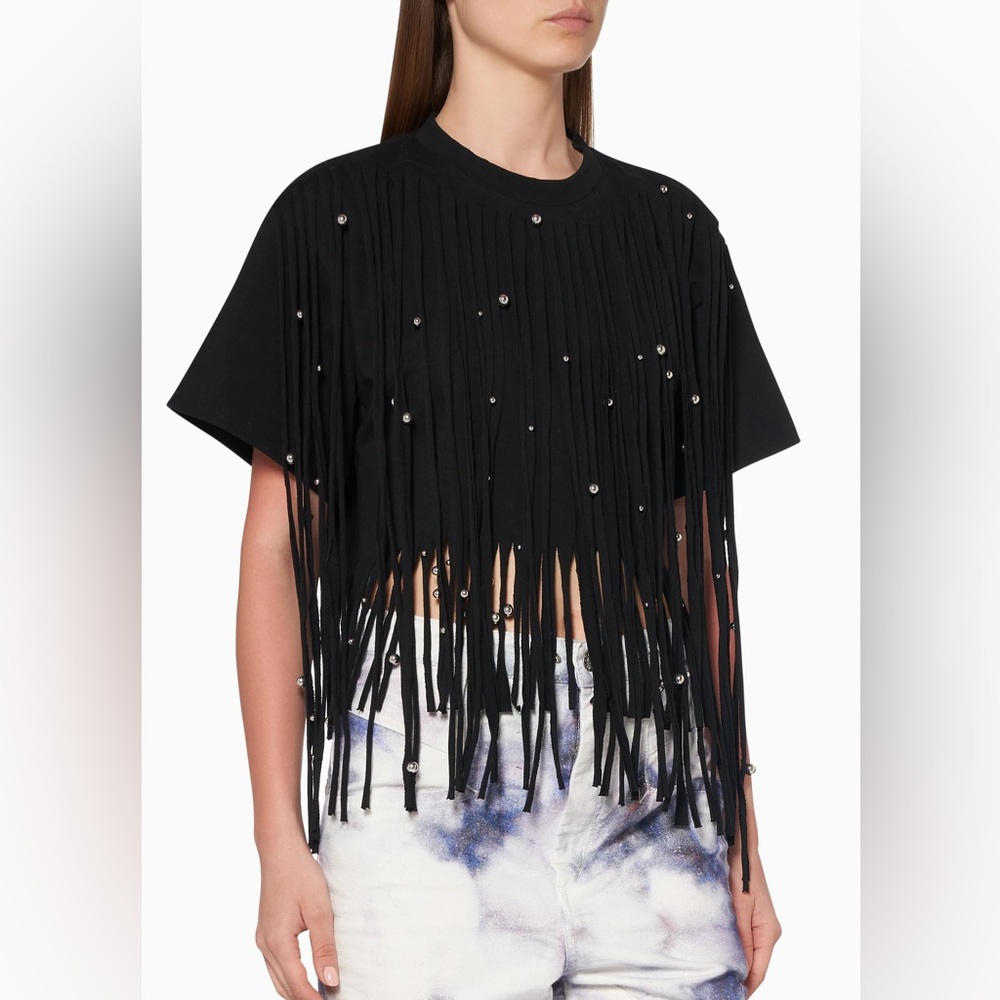 Isabel Marant Black Fringe Pearl-Accent Tee